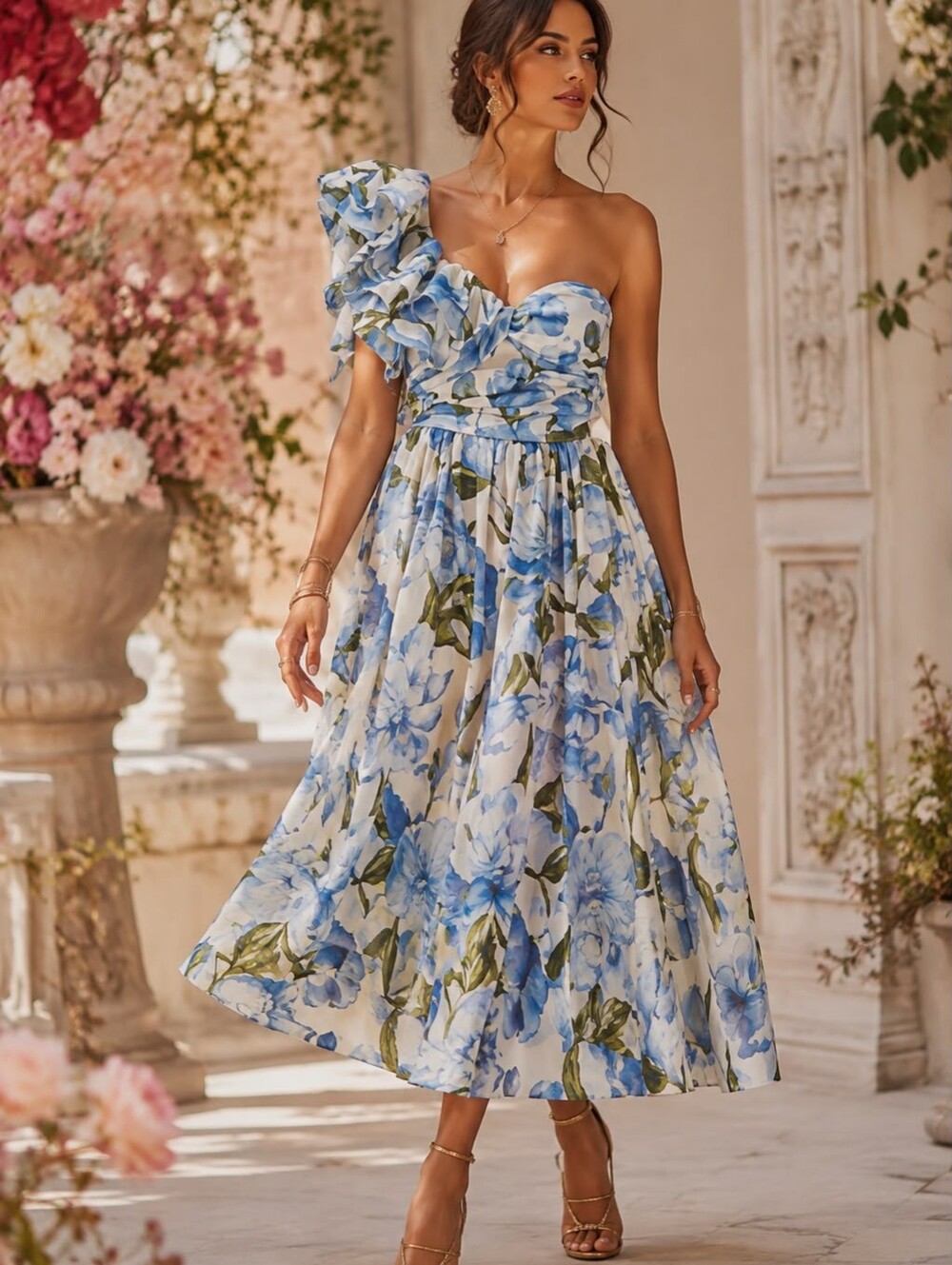 Ruffle Floral Asymmetricam Midi Voluminous Dress With Pockets